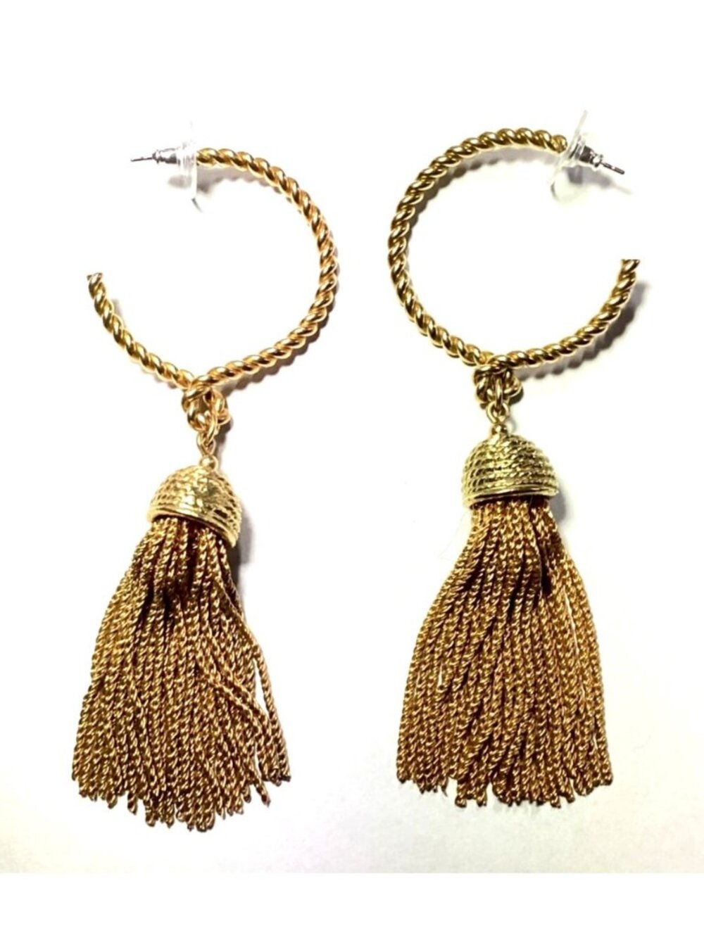 Chunky Goldtone Twisted Hoop Earrings with Chain Tassels Heavy